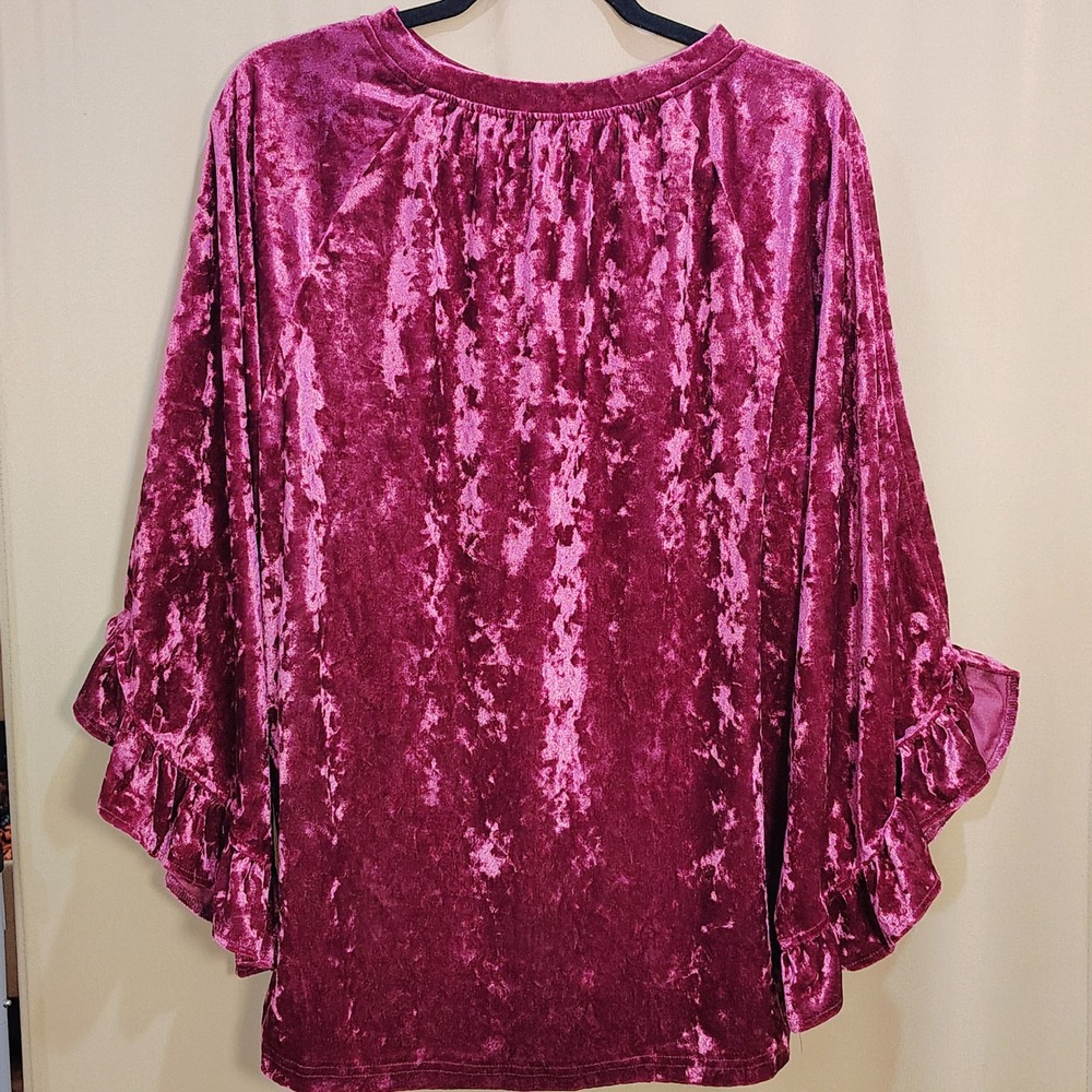 Crushed Velvet Top Women Medium Burgundy Ruffle Bell Sleeve Dark Romance Luxe